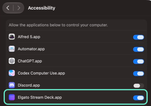 Elgato Stream Deck enabled in macOS Accessibility settings