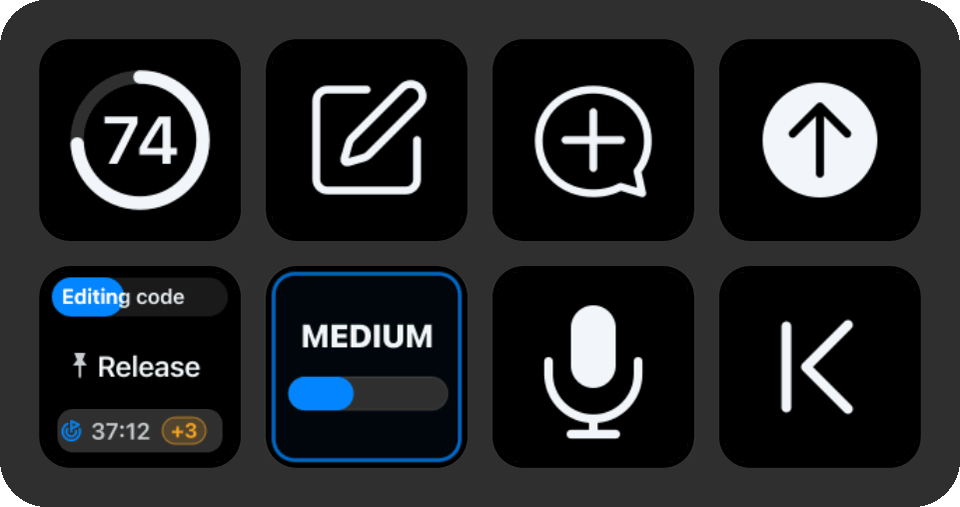 ThreadDeck workflow showing reasoning effort steps, Fast mode, task-key dictation, queue progress, and the coordinated completion pulse