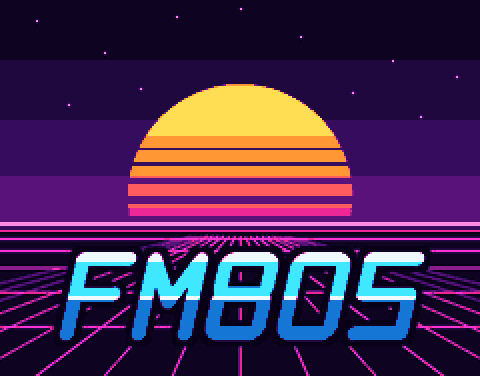 FM80S boot splash: a striped synthwave sun over a neon grid