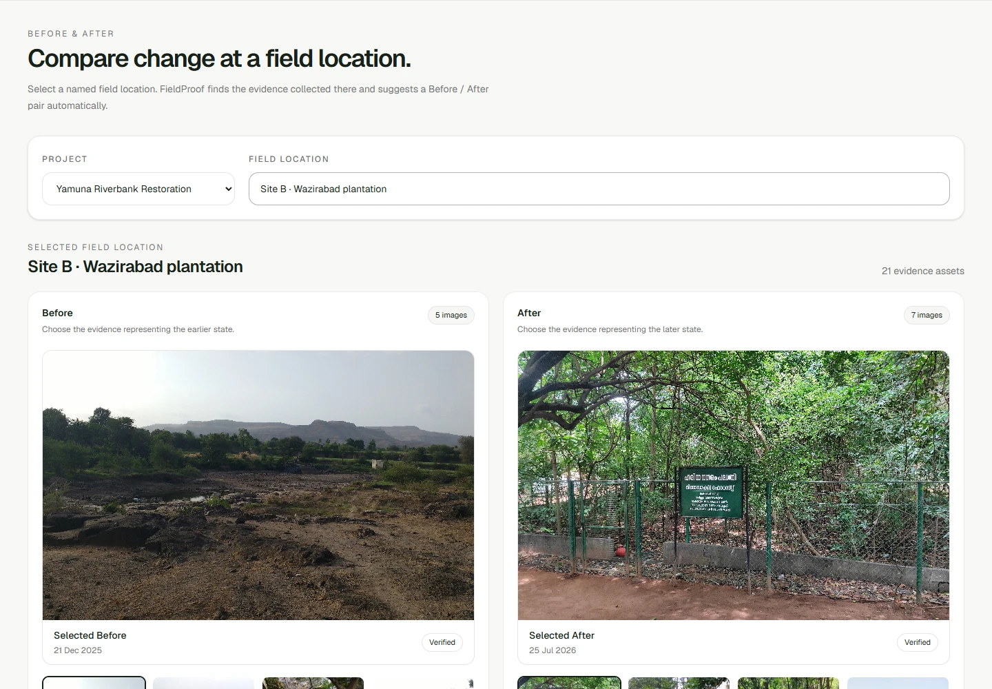 Choosing a before and an after photo for a field location