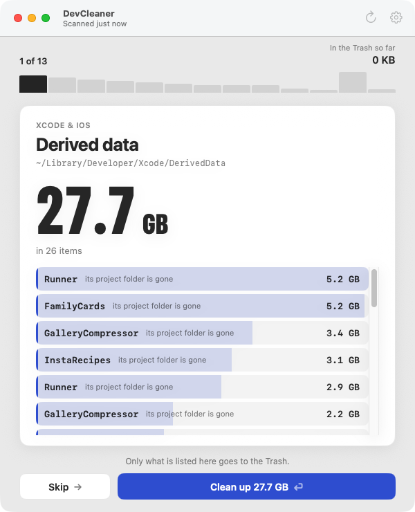 A DevCleaner card for Xcode derived data: 27.7 GB in 26 items, the list of what would go, and the Skip and Clean up buttons.