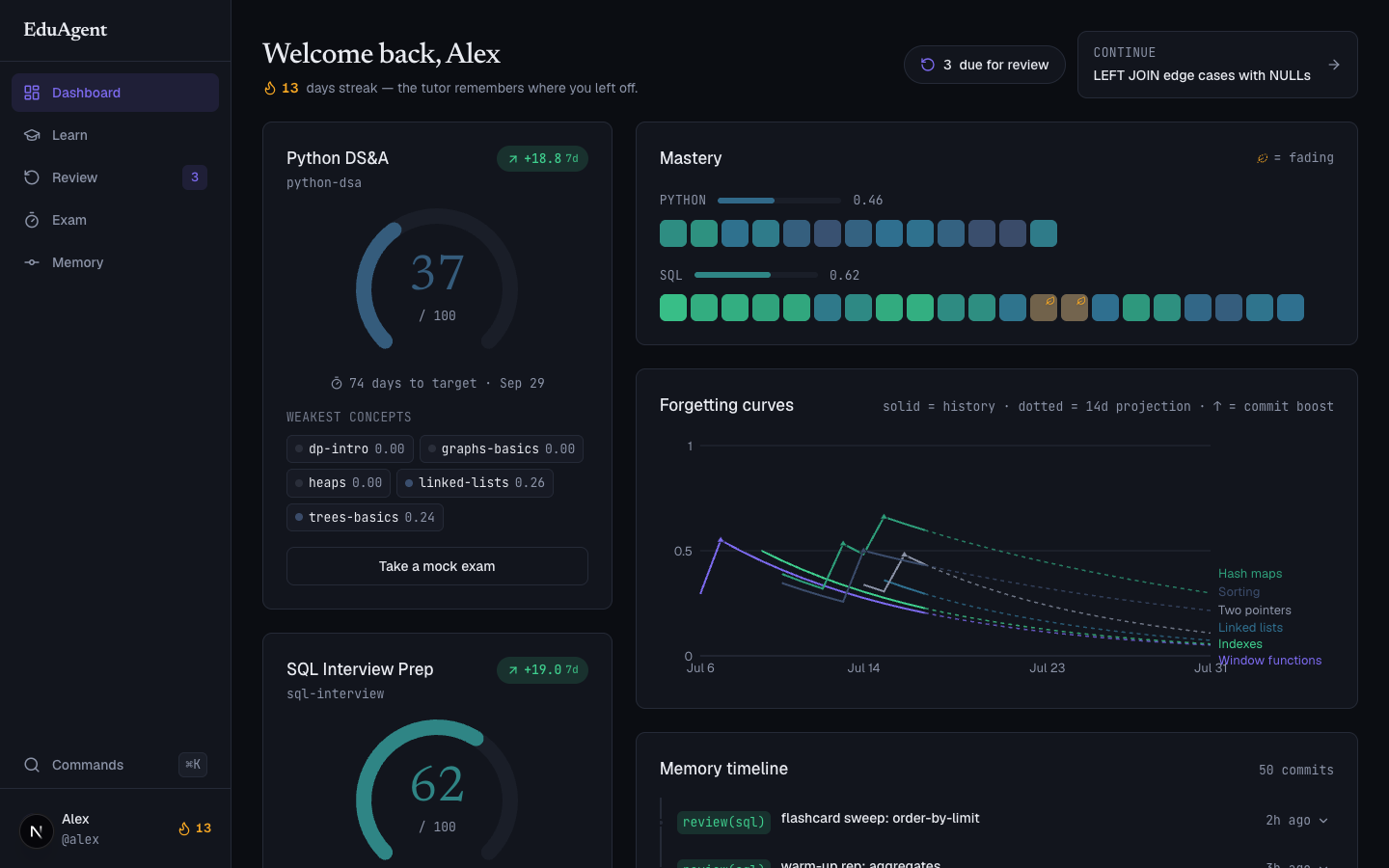 EduAgent dashboard — readiness gauges, mastery heatmap with fading concepts, forgetting curves, and a git-log memory timeline