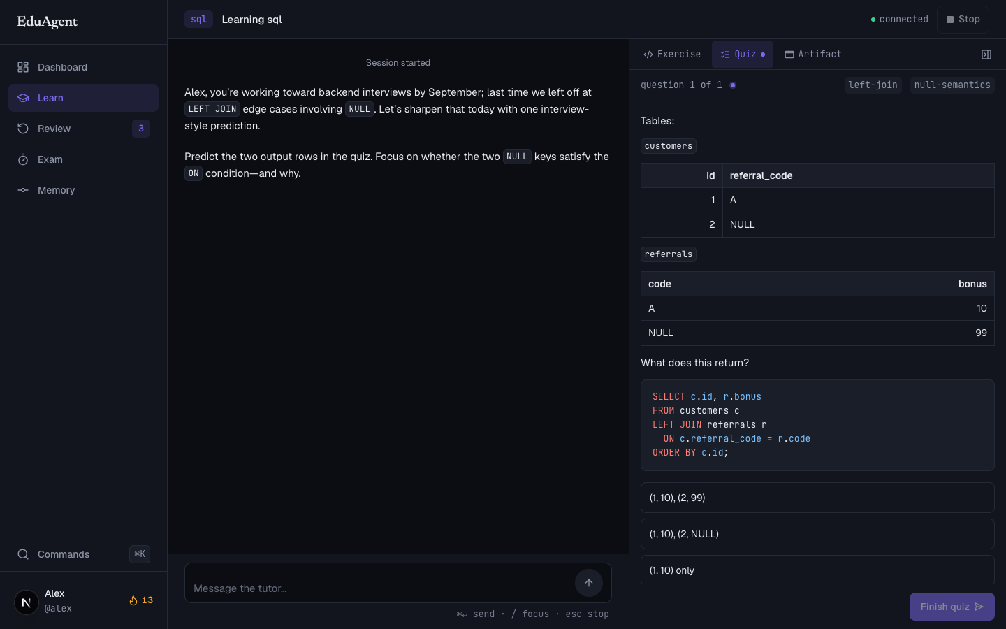 Tutor room — the agent recalls last session's LEFT JOIN thread and pushes a NULL-semantics quiz into the workbench