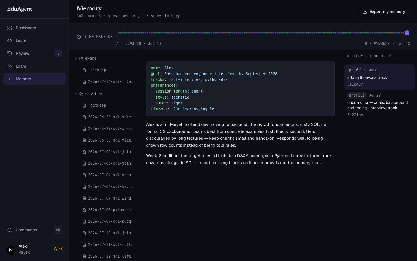 Memory explorer — 140+ commits, time-machine scrubber, learner-model files with per-file git history