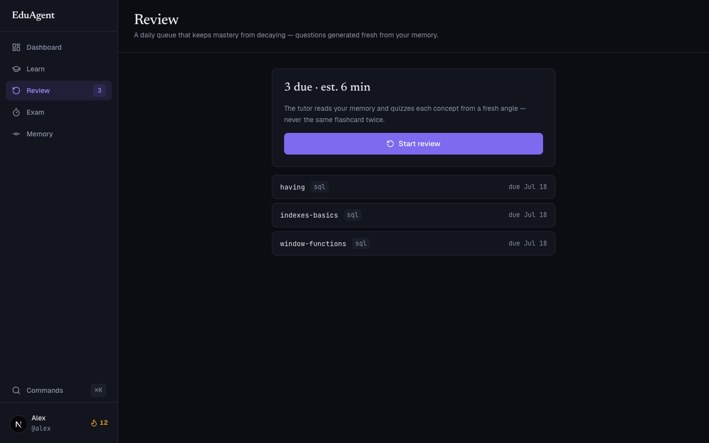 Review queue — three concepts due today, including the two the dashboard shows as fading