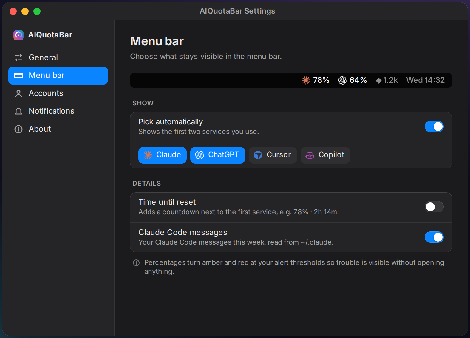 Settings window with a live menu bar preview