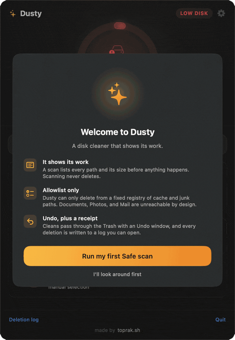 Dusty's first-run welcome, then a scan revealing reclaimable disk space across Safe, Developer, and Deep levels