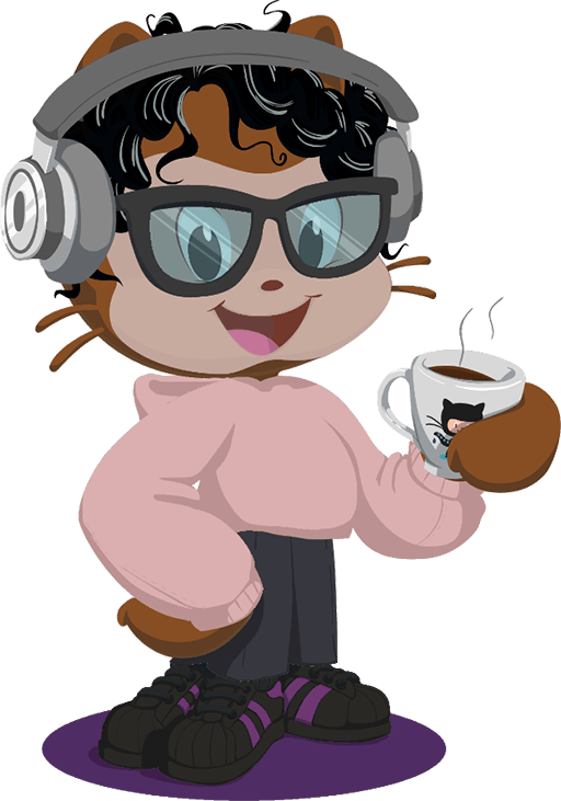 my styled octocat, with curly hair, headphones, a light pink hoodie, black pants and skeakers, holding a cup of coffee