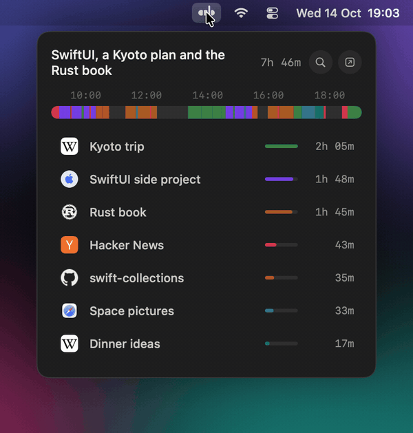 The menu-bar panel: the pointer runs along the day strip, rests on two threads, opens a moment on the Day page, then searches for kyoto