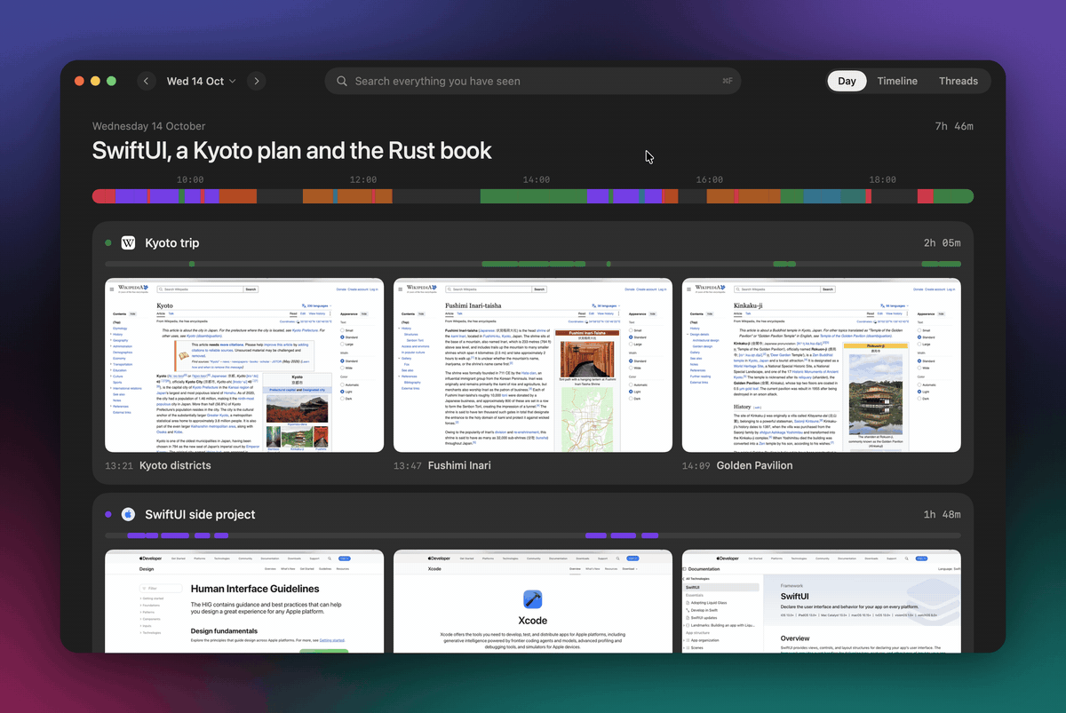 Screencap's window: the pointer runs along the Day page's strip, where each moment shows its screenshot, then opens Timeline, Threads and one thread's page