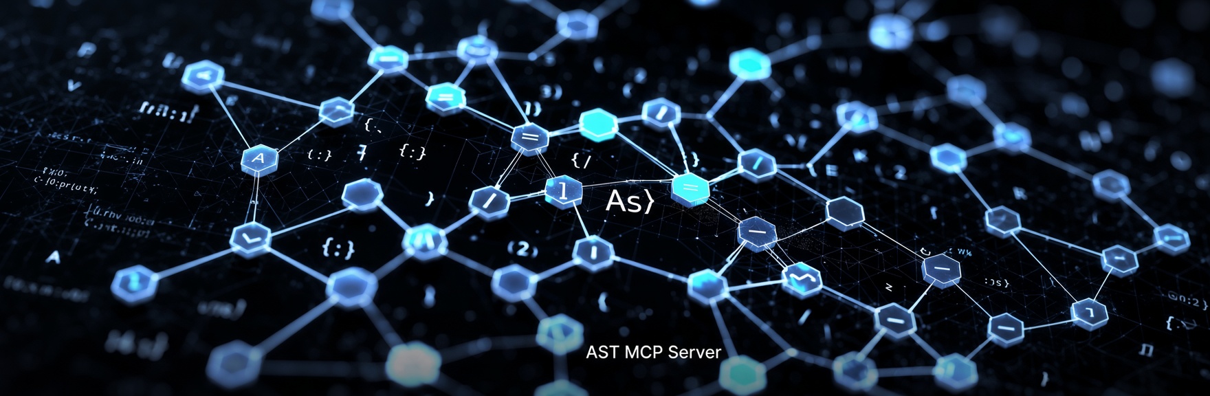 Abstract network of connected code symbols with the text AST MCP Server.