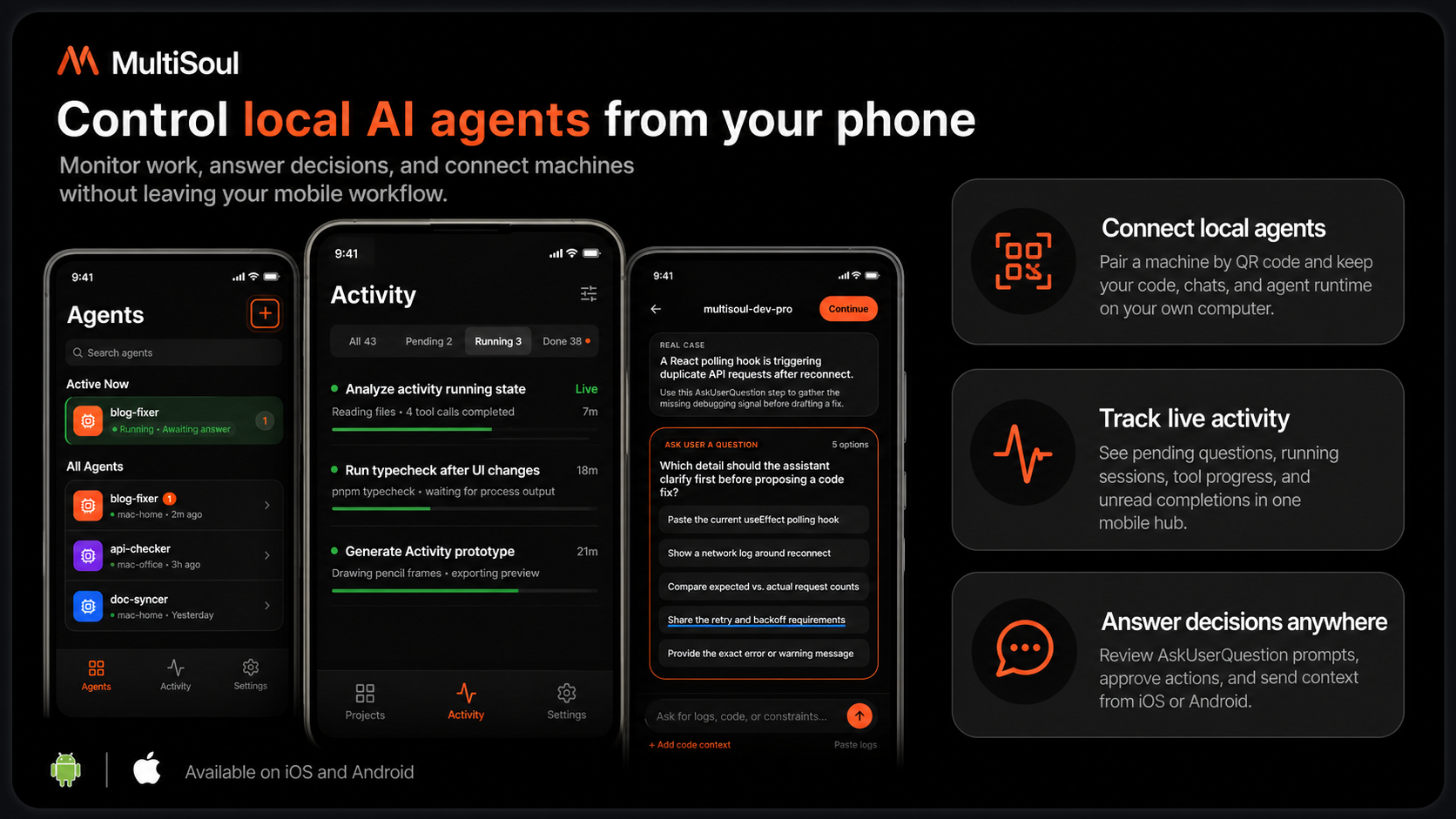 MultiSoul core features: connect local agents, track live activity, and answer decisions from iOS or Android