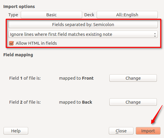 Set up import options. Outlined options are important for correct import!