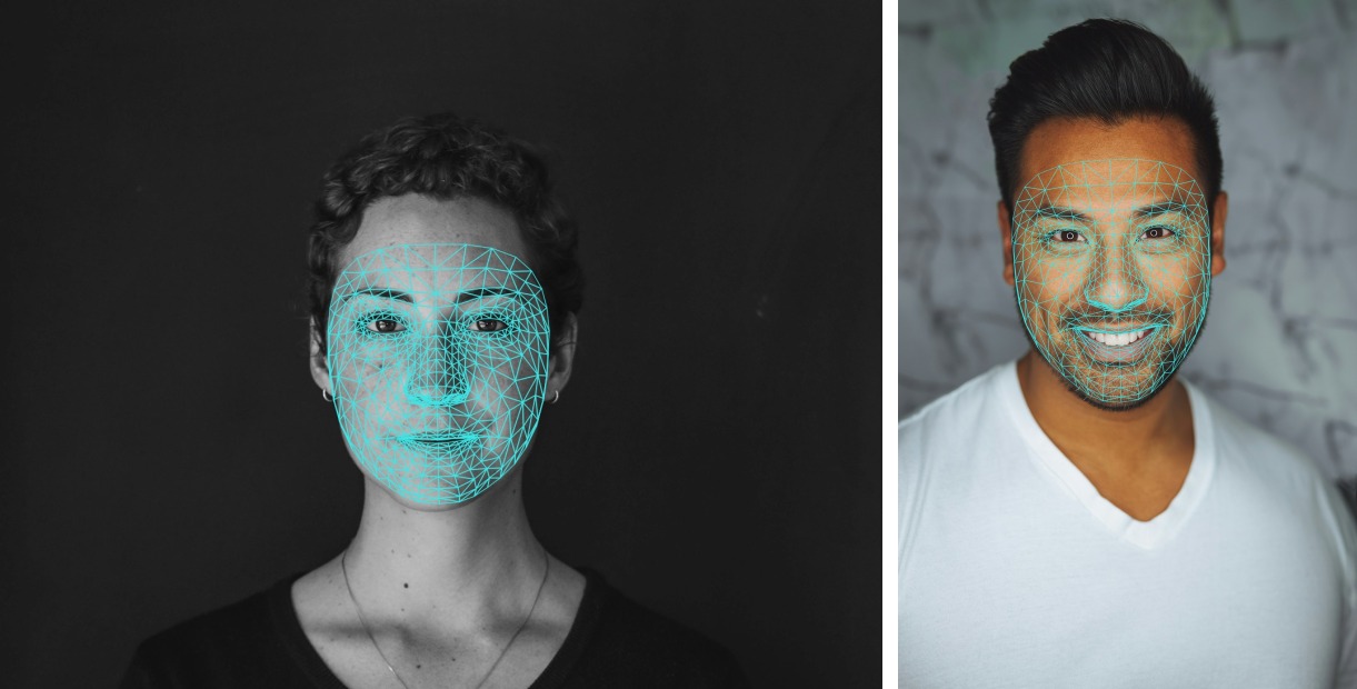 Dense 468-point MediaPipe face mesh rendered over a portrait