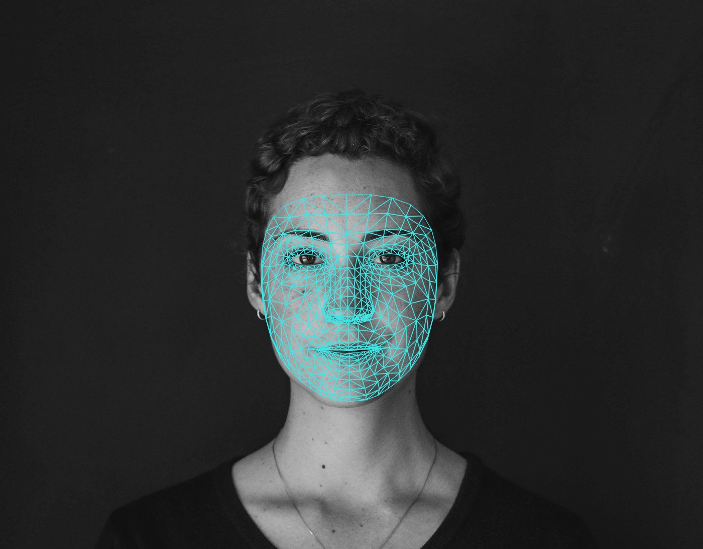 Dense 468-point face mesh overlaid on a portrait