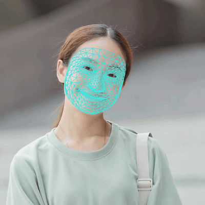 468-point face mesh tracking a smiling face, rendered by the ONNX port