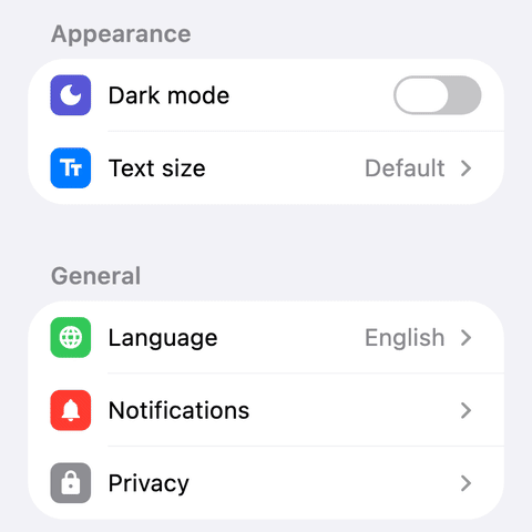Animated demo of the settings_ui Flutter package: an iOS-style settings screen with Appearance and General sections; turning on Dark mode switches the whole list to dark.