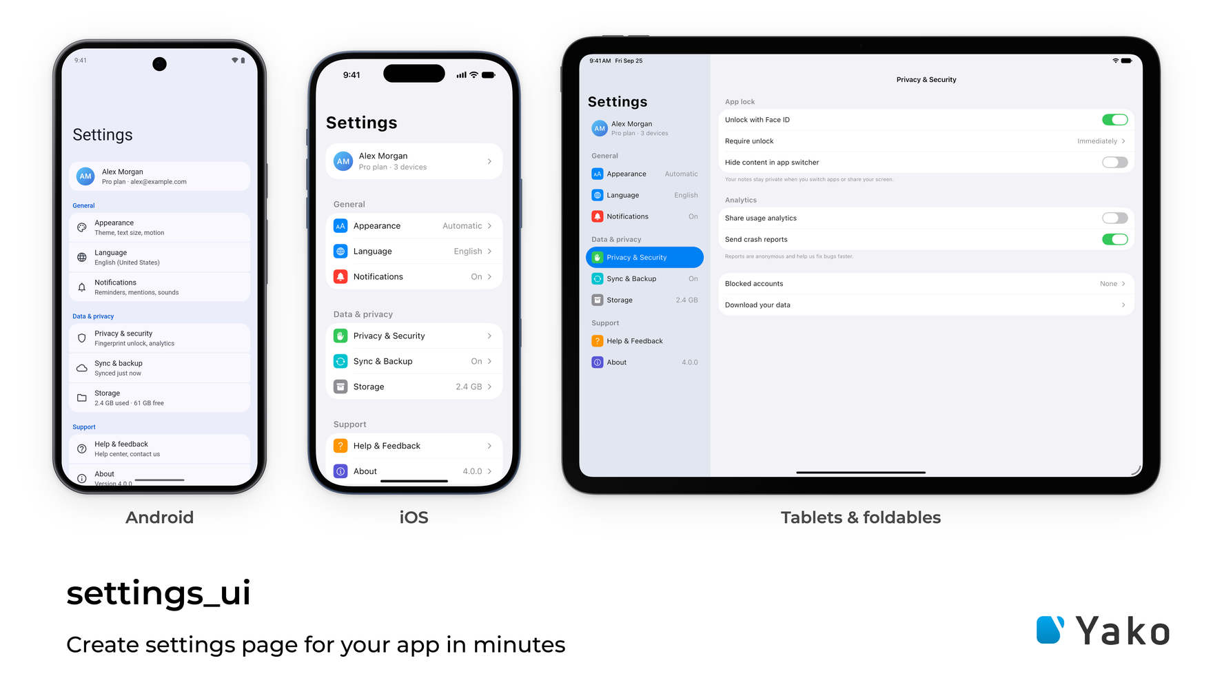 settings_ui on Android and iPhone, and a split view on an iPad
