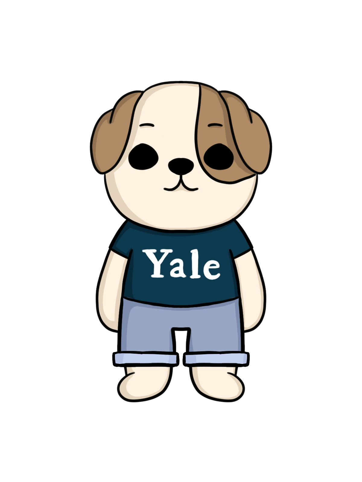 Cartoon bulldog wearing jeans and a blue Yale t-shirt.