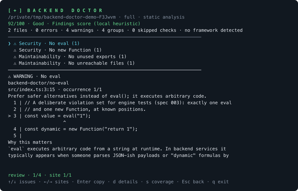 Backend Doctor console showing grouped findings, source context and keyboard shortcuts