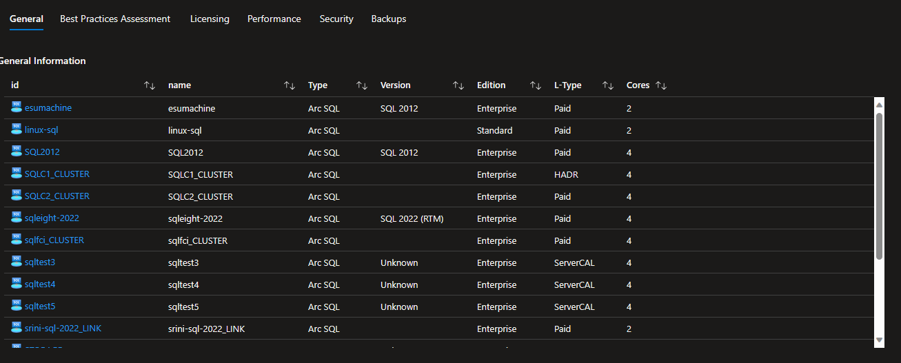 Azure Arc Enabled SQL Server Single Pane of Glass General Tab Screenshot