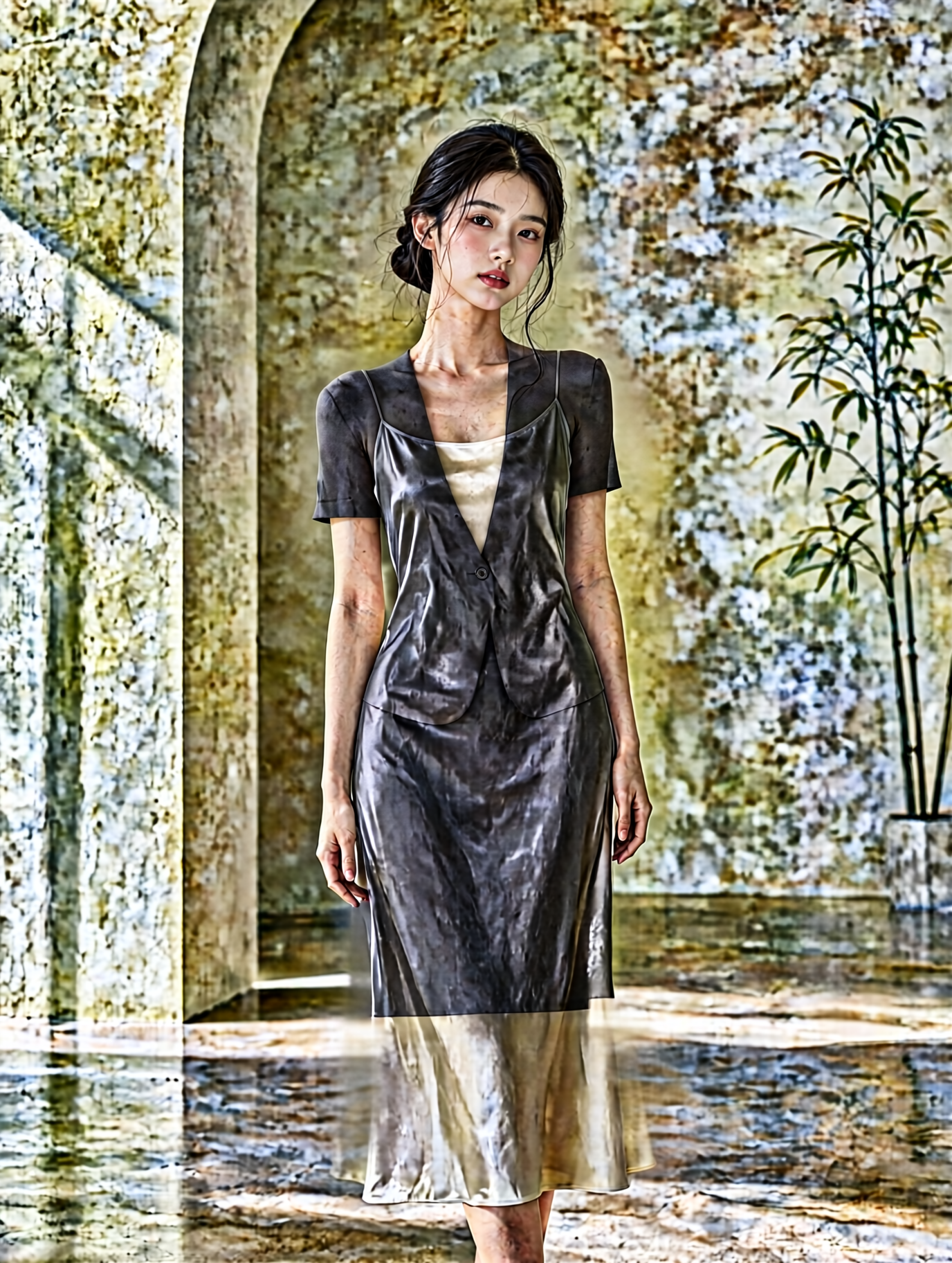 Documented clothing-edit failure with dark patches and texture artifacts
