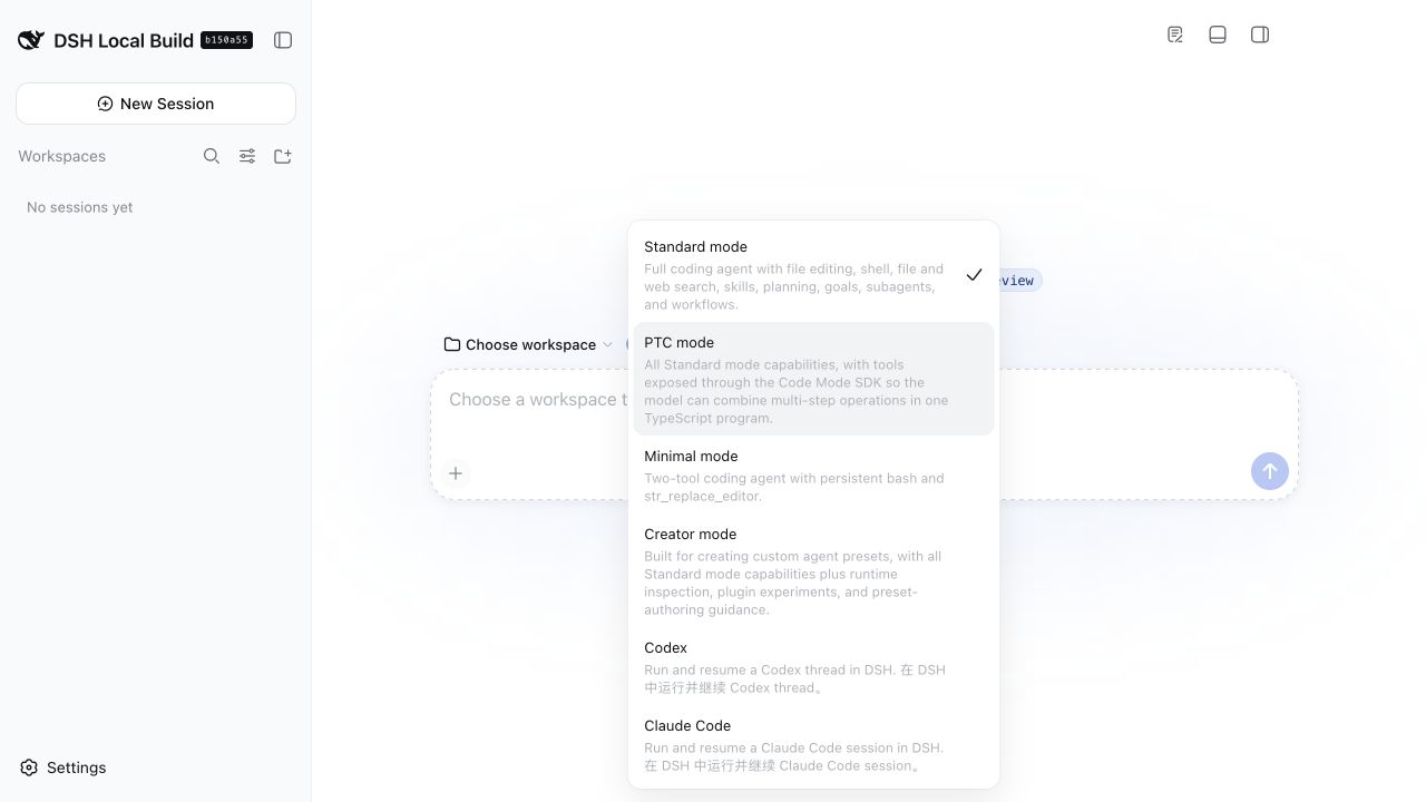 Codex and Claude Code in the DSH New Session mode menu