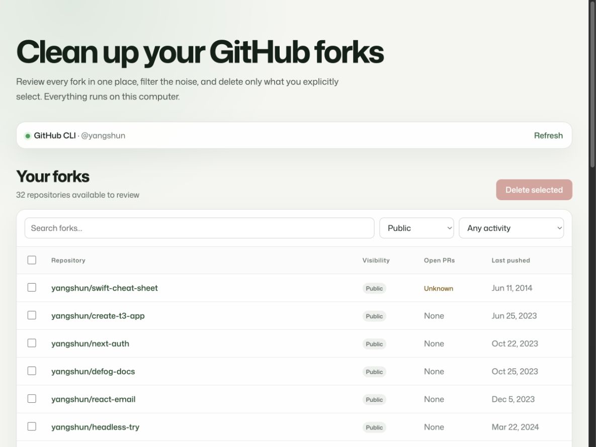 Delete GitHub Forks app showing repository filters and selection