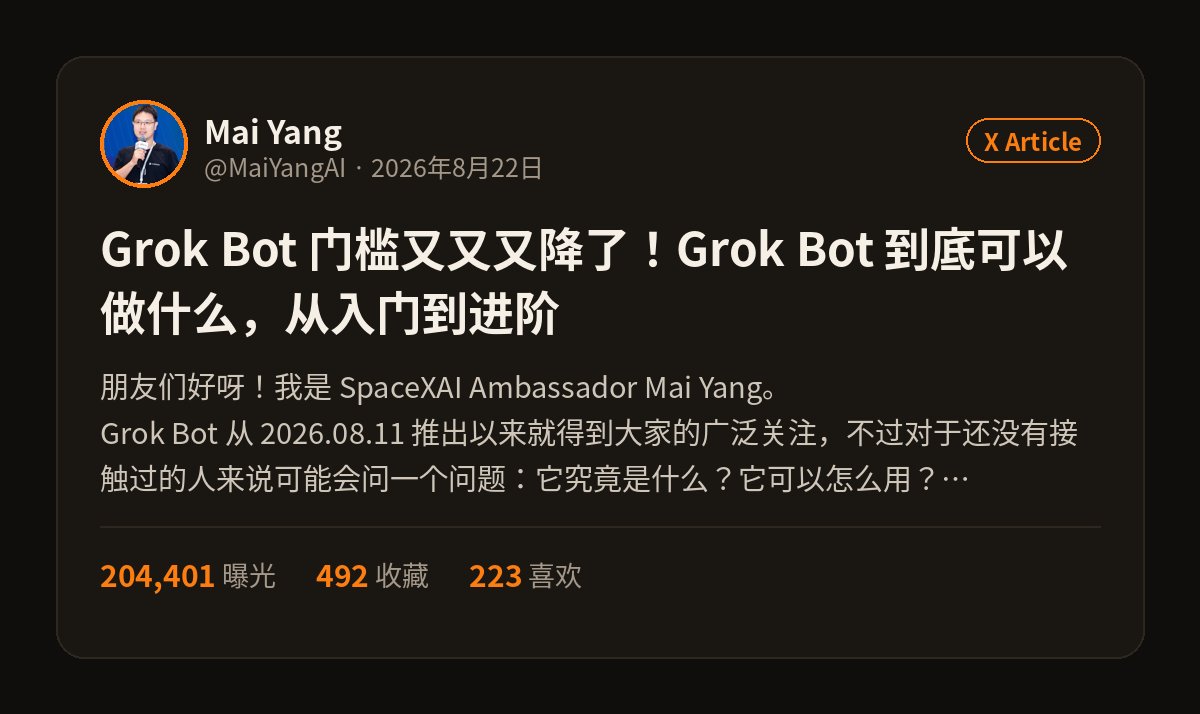 8 月 22 日长文《Grok Bot 门槛又又又降了!》:204,401 曝光、492 收藏、223 喜欢