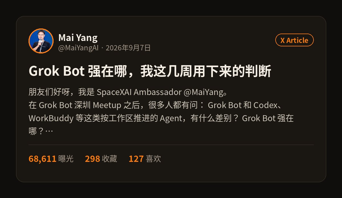 9 月 7 日长文《Grok Bot 强在哪,我这几周用下来的判断》:68,611 曝光、298 收藏、127 喜欢