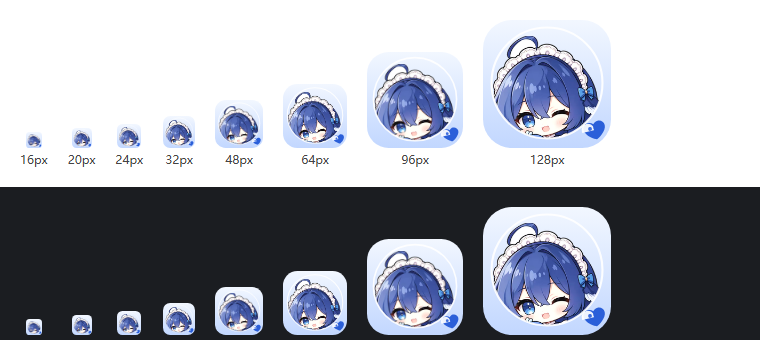 The plugin icon from 16 px to 128 px on light and dark plates