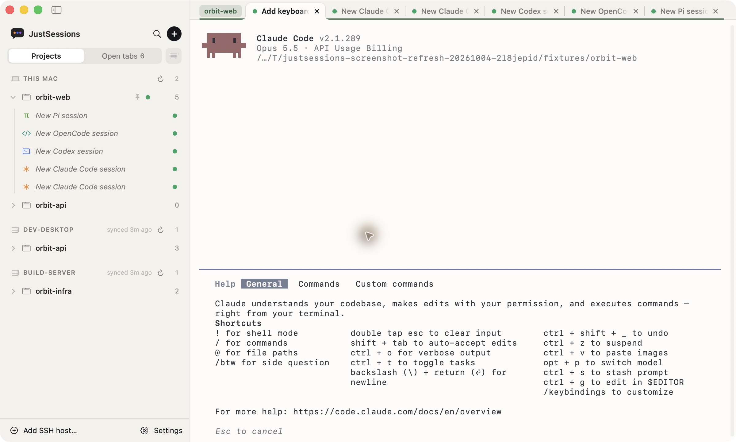 The real Claude Code CLI running in JustSessions, with the Projects sidebar grouping two Claude Code sessions, Codex, OpenCode, and Pi under one project