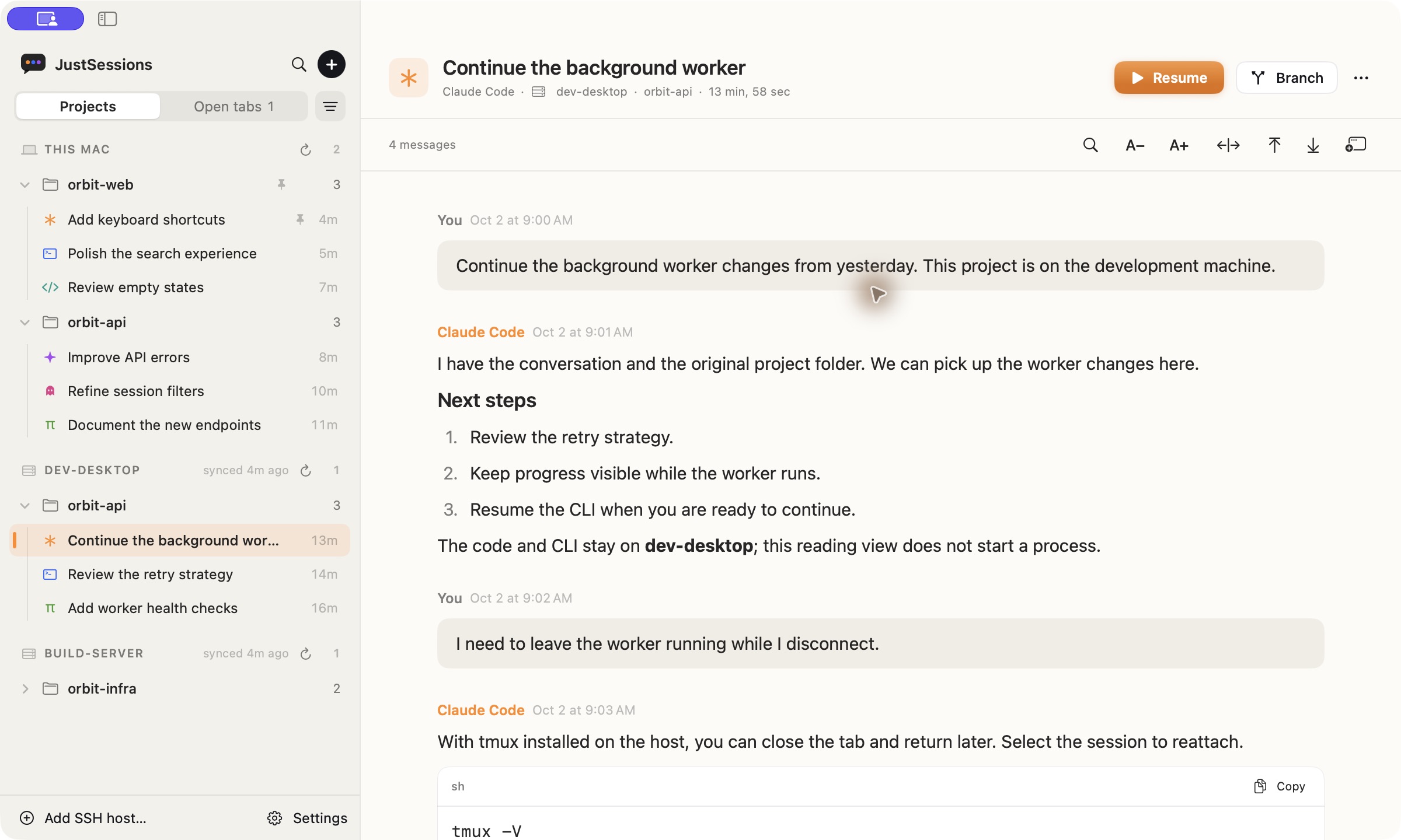 JustSessions displaying a Claude Code conversation on the dev-desktop SSH host alongside local projects and a build server