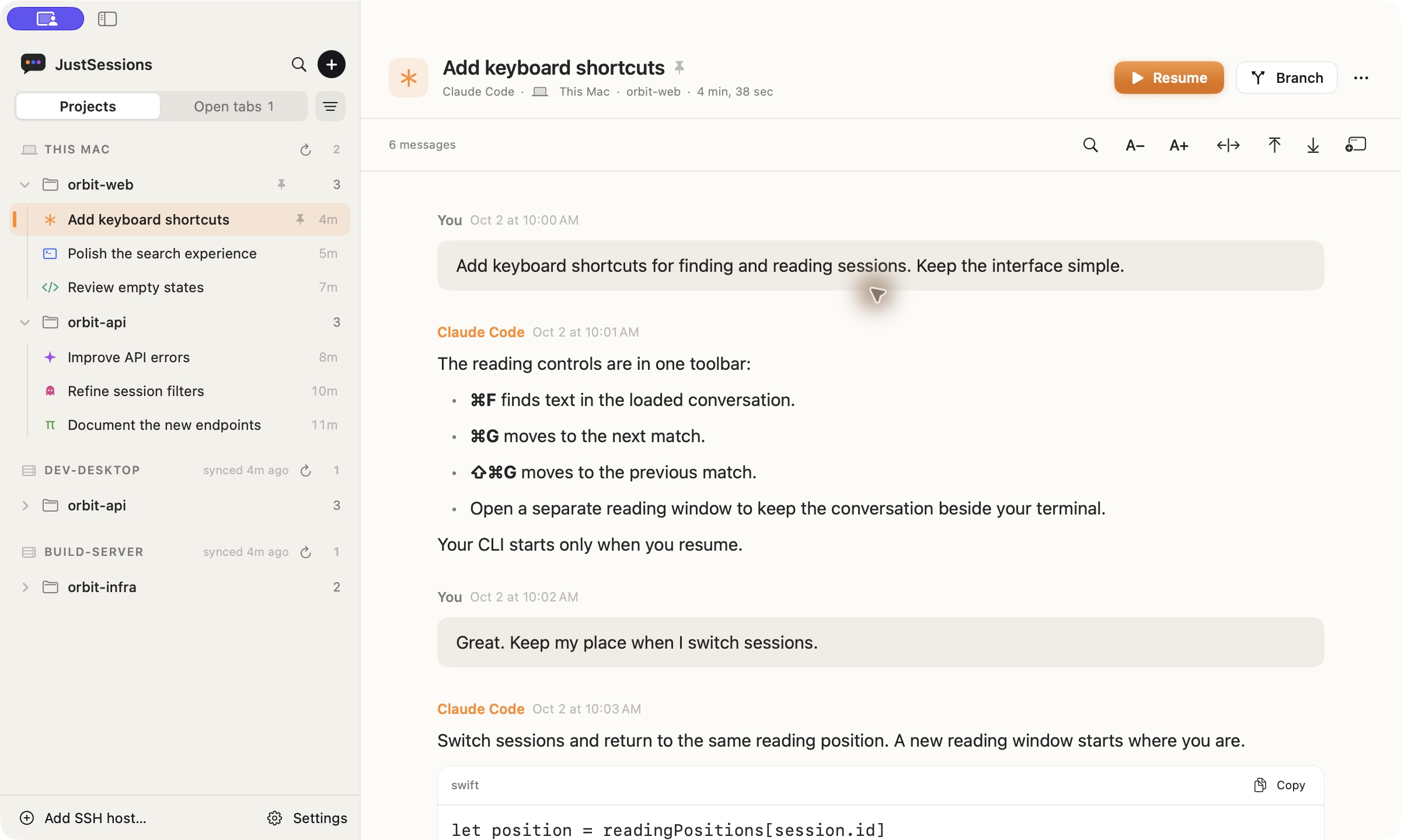 JustSessions' conversation reader, with reading controls and sessions grouped by project and machine