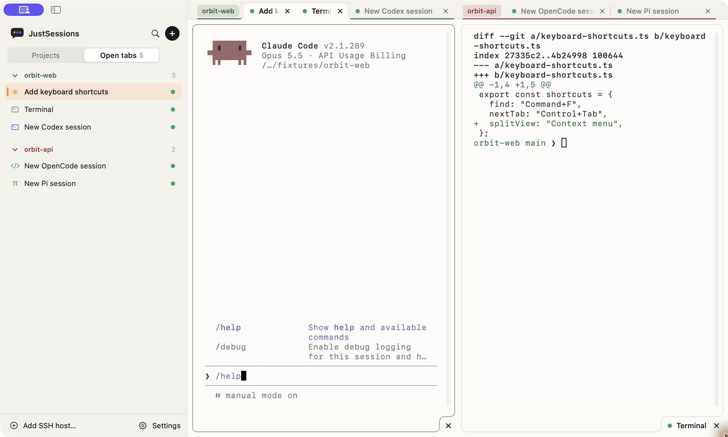 JustSessions Open tabs sidebar with five tabs across two projects, alongside the real Claude Code CLI and a project shell displaying Git diff in split view