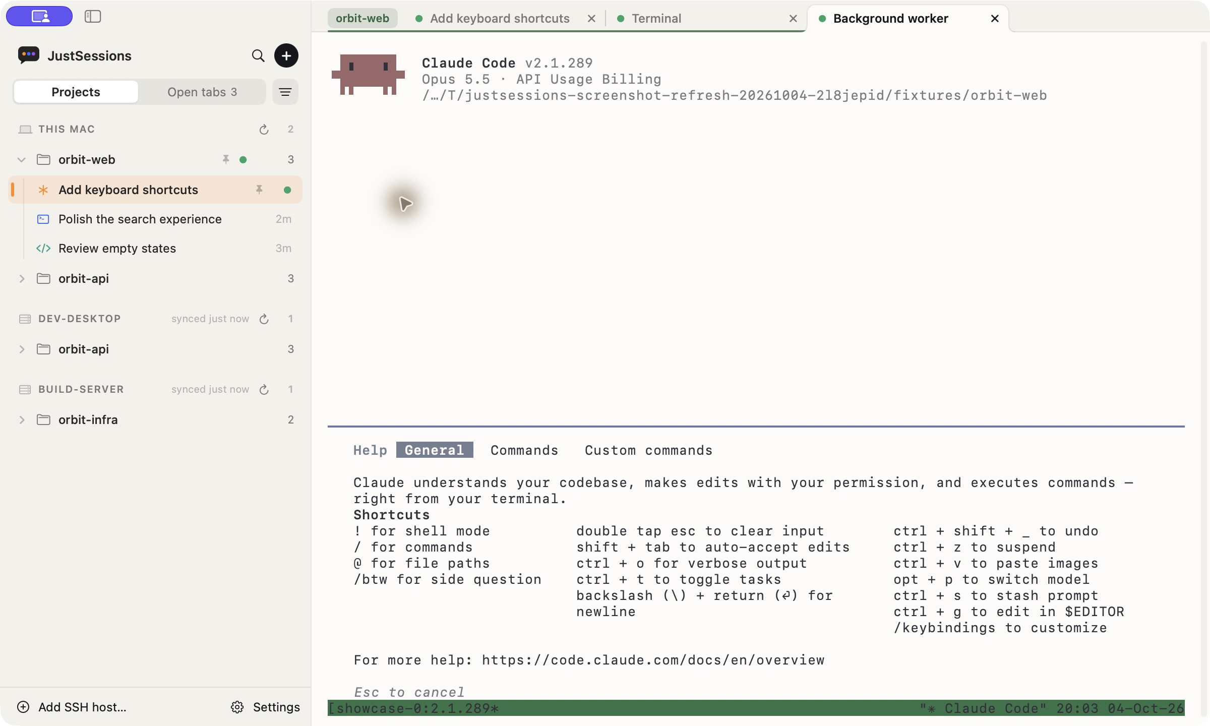 The full JustSessions window with the same Claude Code CLI reattached in tmux after quitting and reopening the app