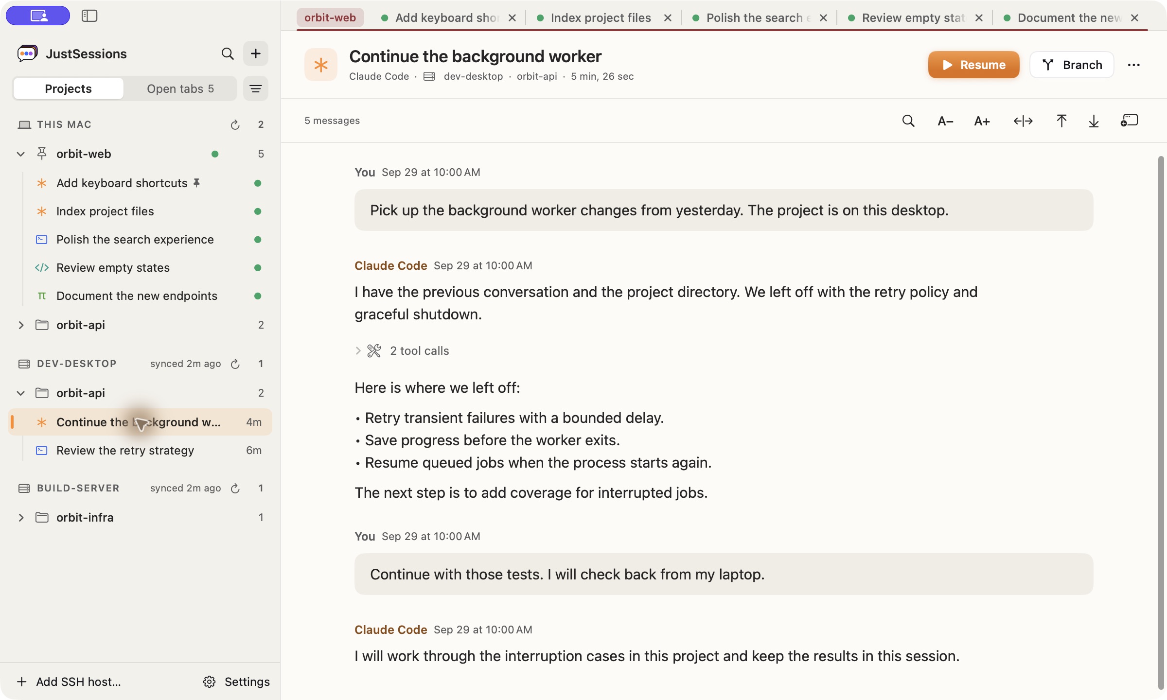 JustSessions displaying a Claude Code conversation on the dev-desktop SSH host alongside local projects and a build server