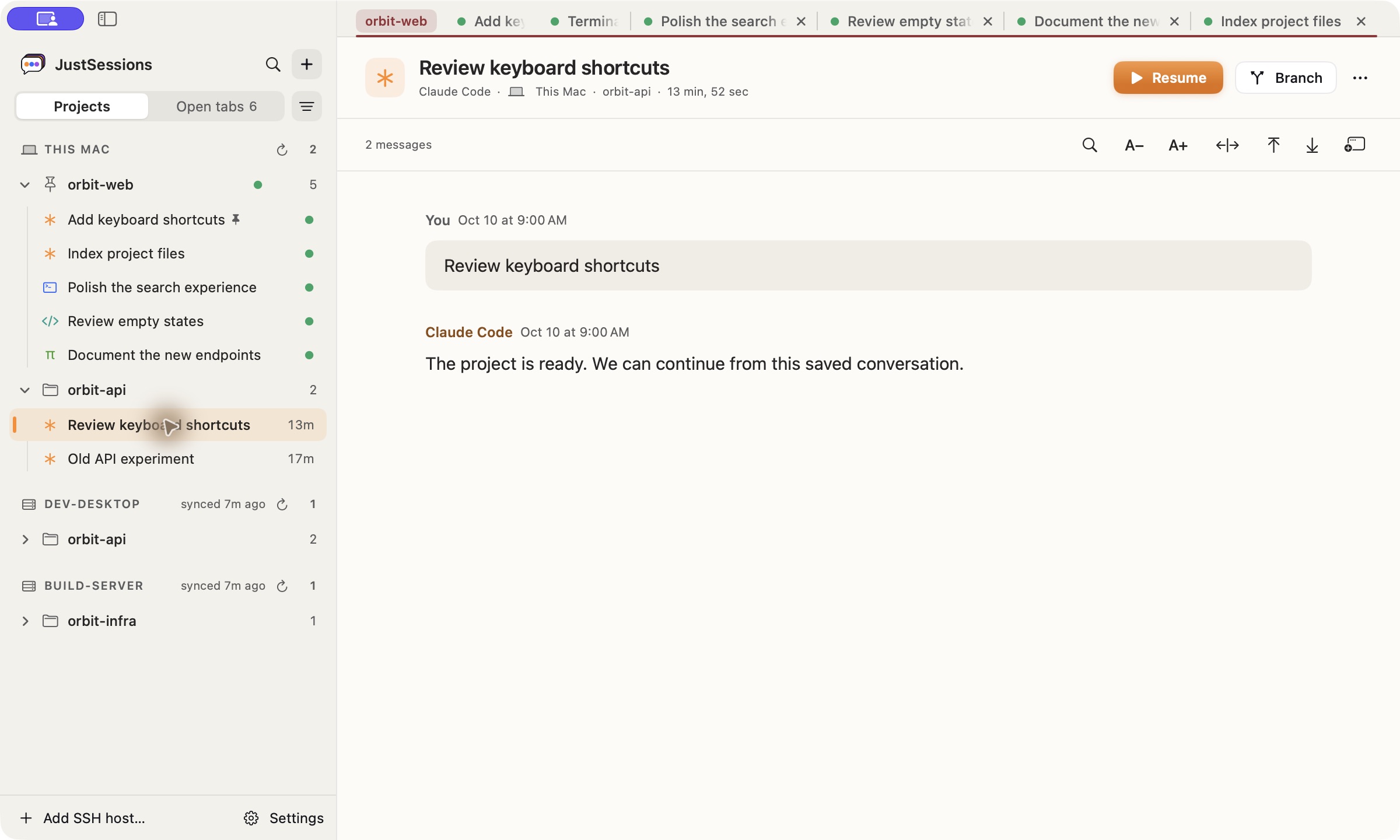 JustSessions' conversation reader, with reading controls and sessions grouped by project and machine