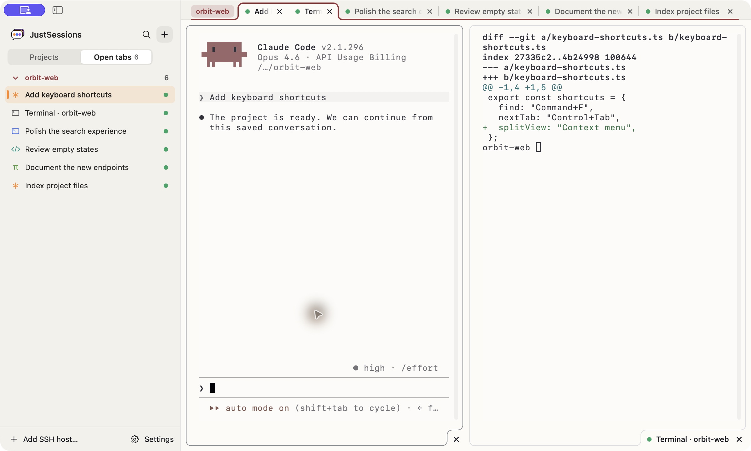 JustSessions Open tabs sidebar with six tabs under one project, alongside the real Claude Code CLI and a project shell displaying Git diff in split view