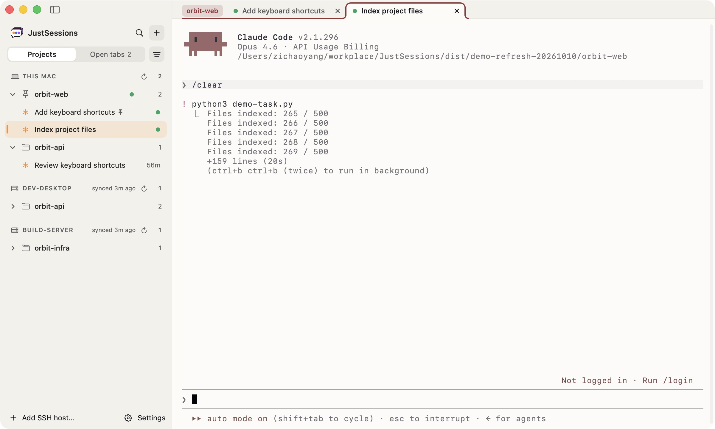 JustSessions reattached to the same tmux-backed Claude Code CLI after closing its tab, with a local file-indexing task still progressing