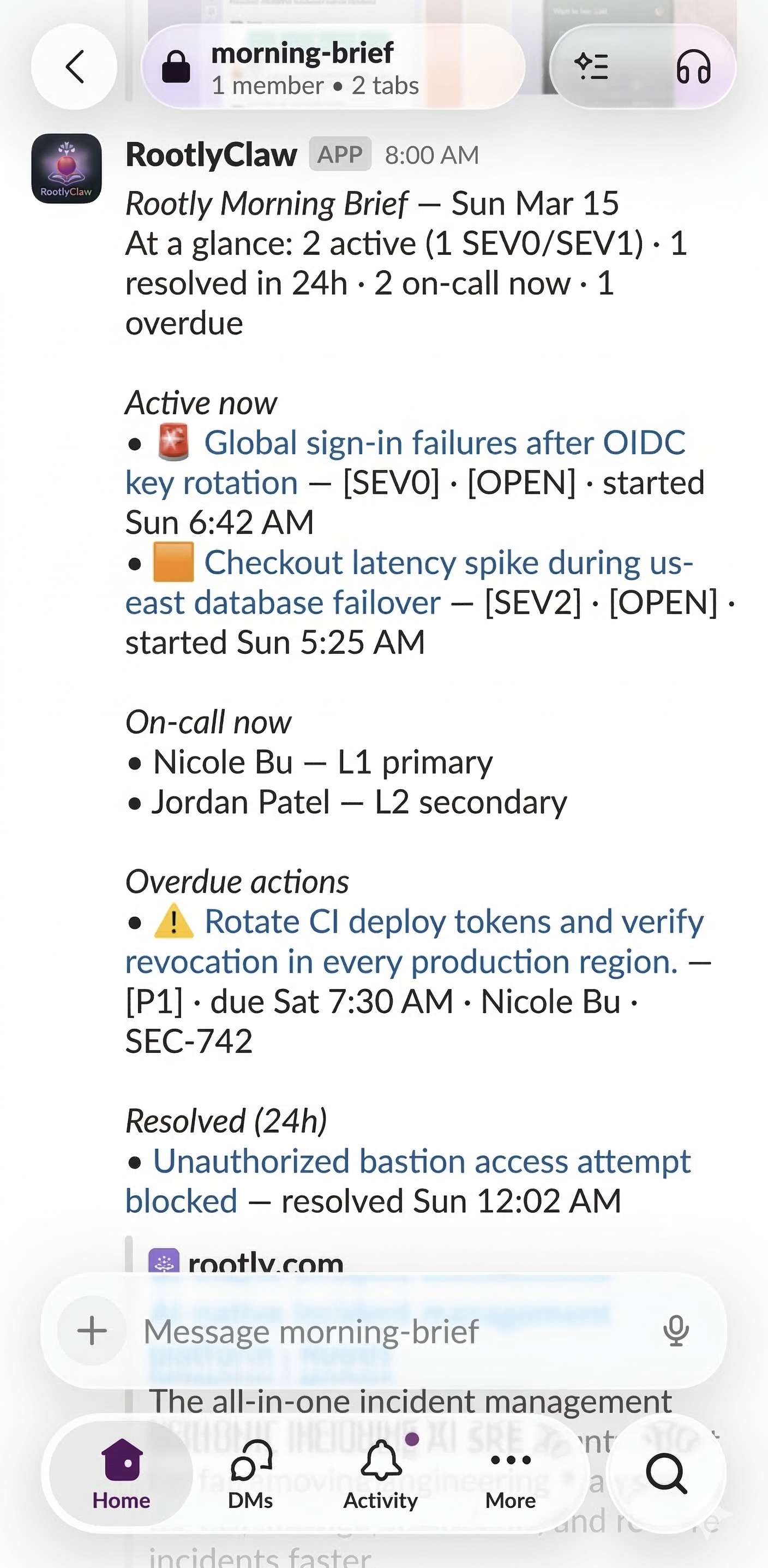 Rootly morning brief on phone