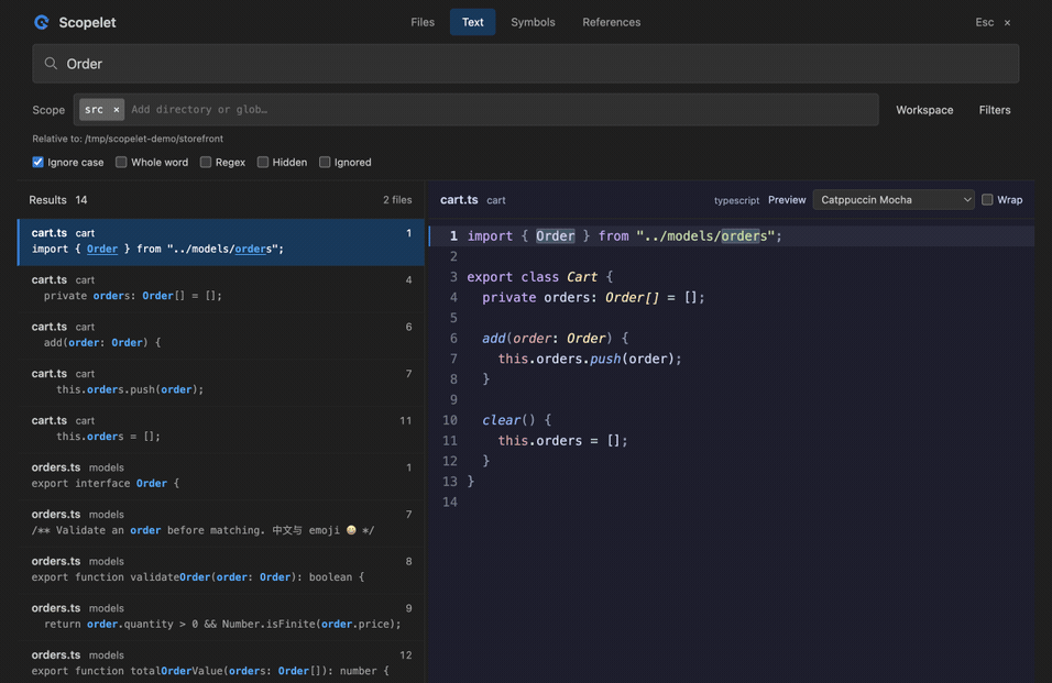 Scopelet: type a query, navigate matching code, and narrow the scope with a glob