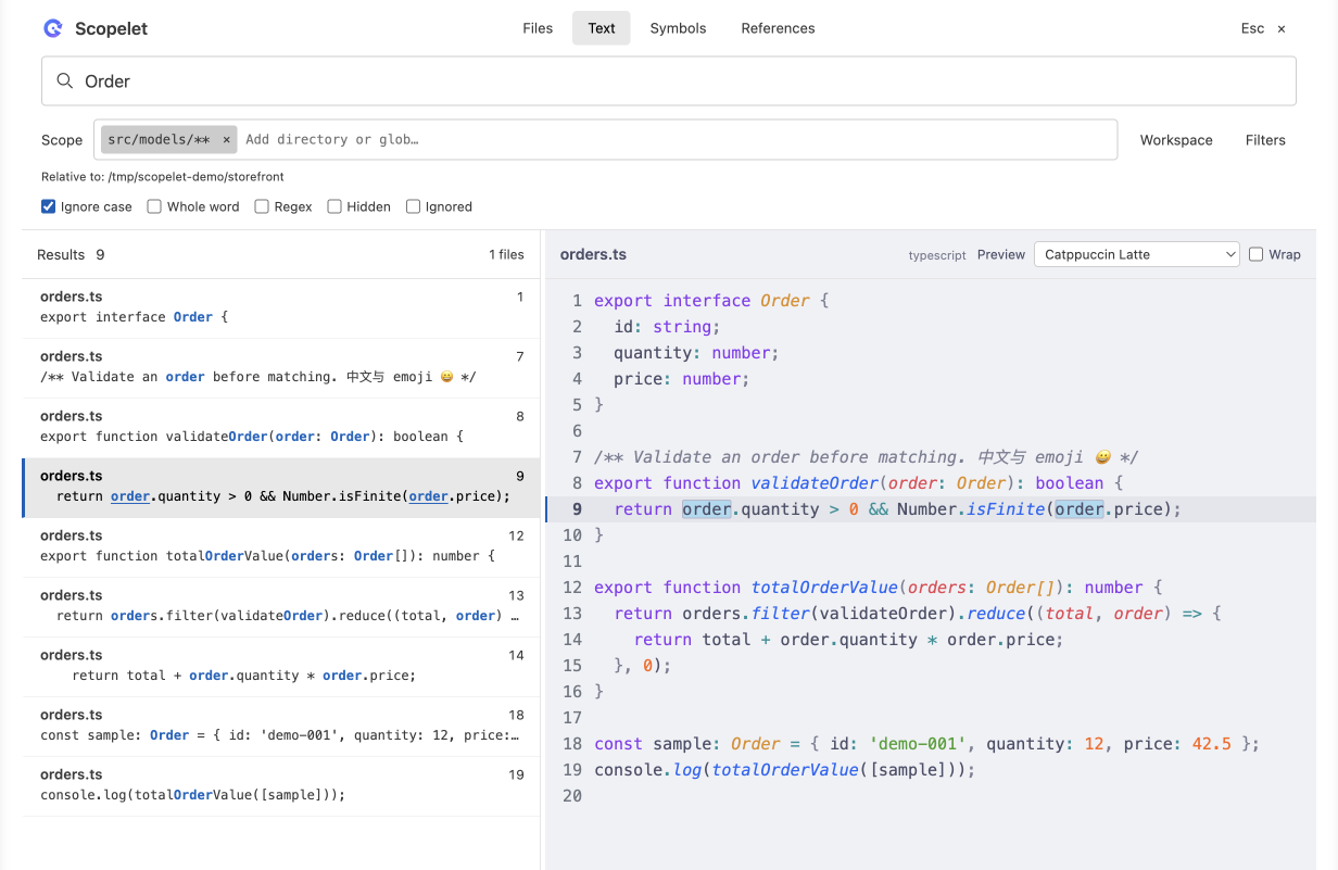 Scopelet search and code preview in a light theme