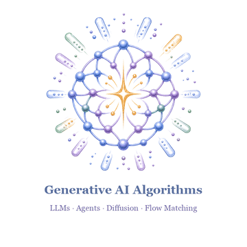 Animated Generative AI for Material Discovery logo showing labeled scenes for algorithms, crystal generation, porous materials, property validation, and closed-loop discovery