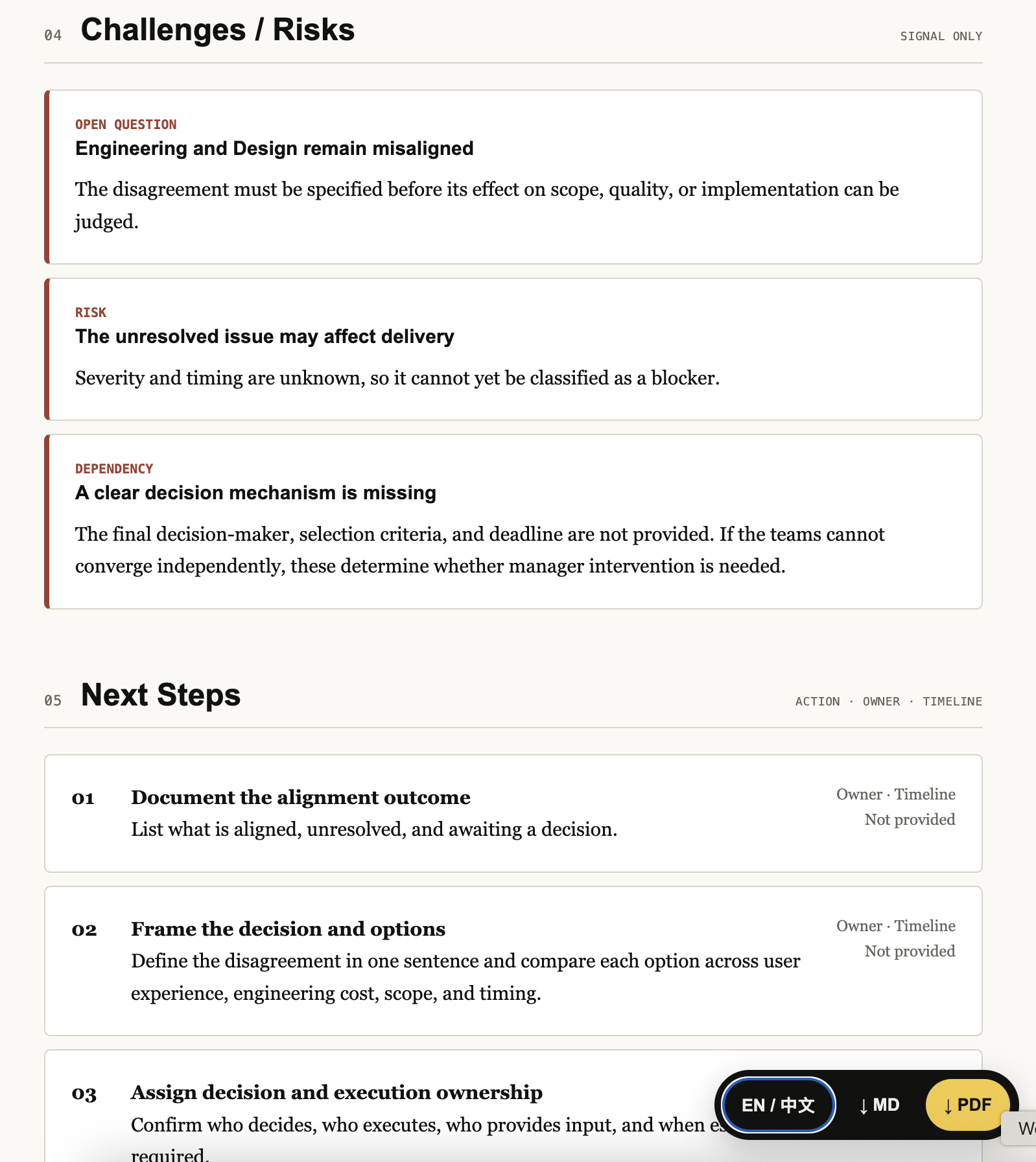 English Executive Report next steps and ask