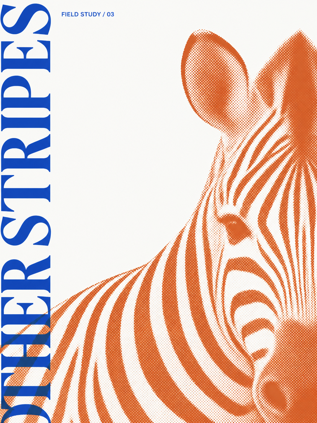 Cobalt and orange zebra field-study editorial print