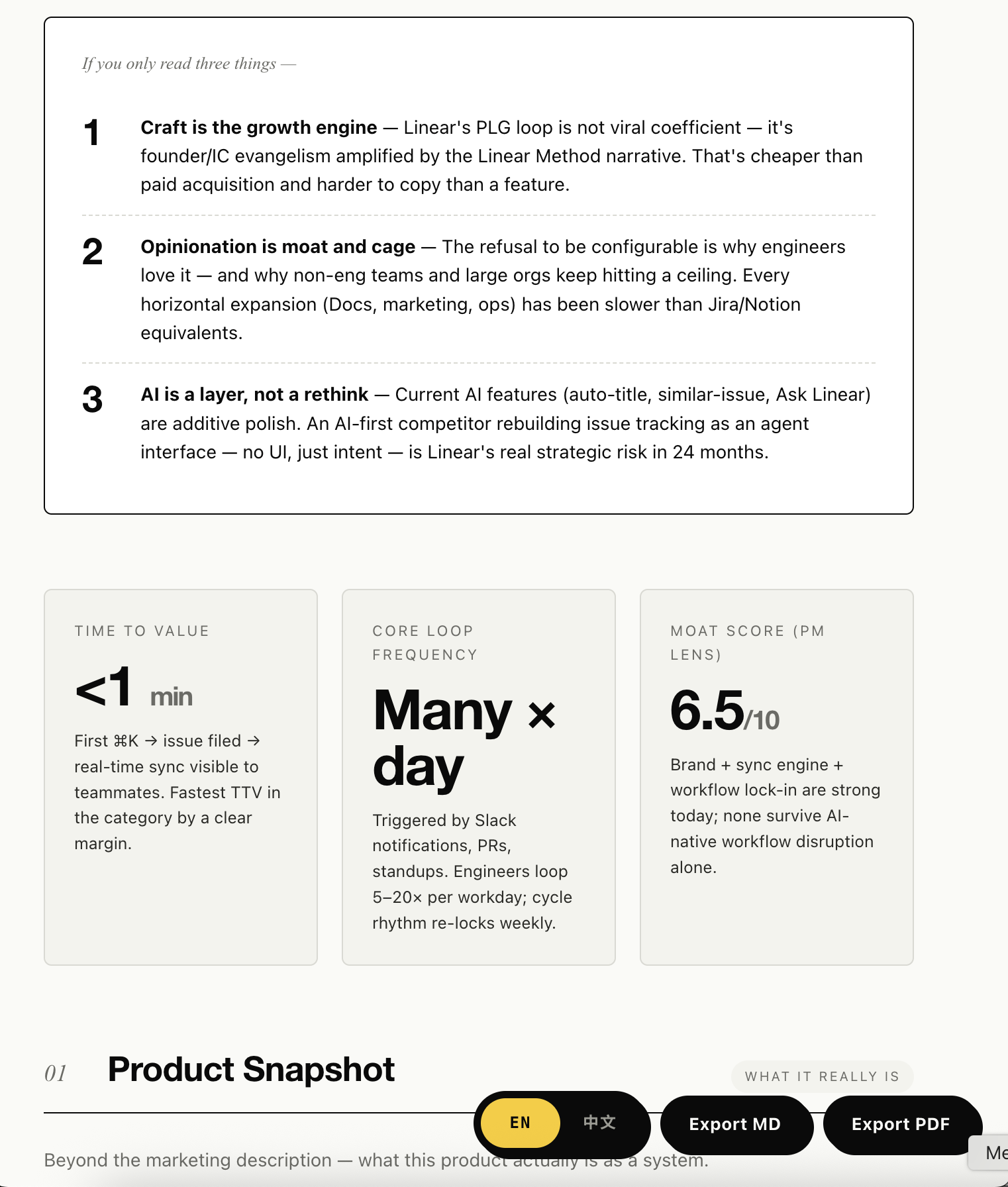 If you only read three things + Time-to-value, Core loop frequency, Moat score