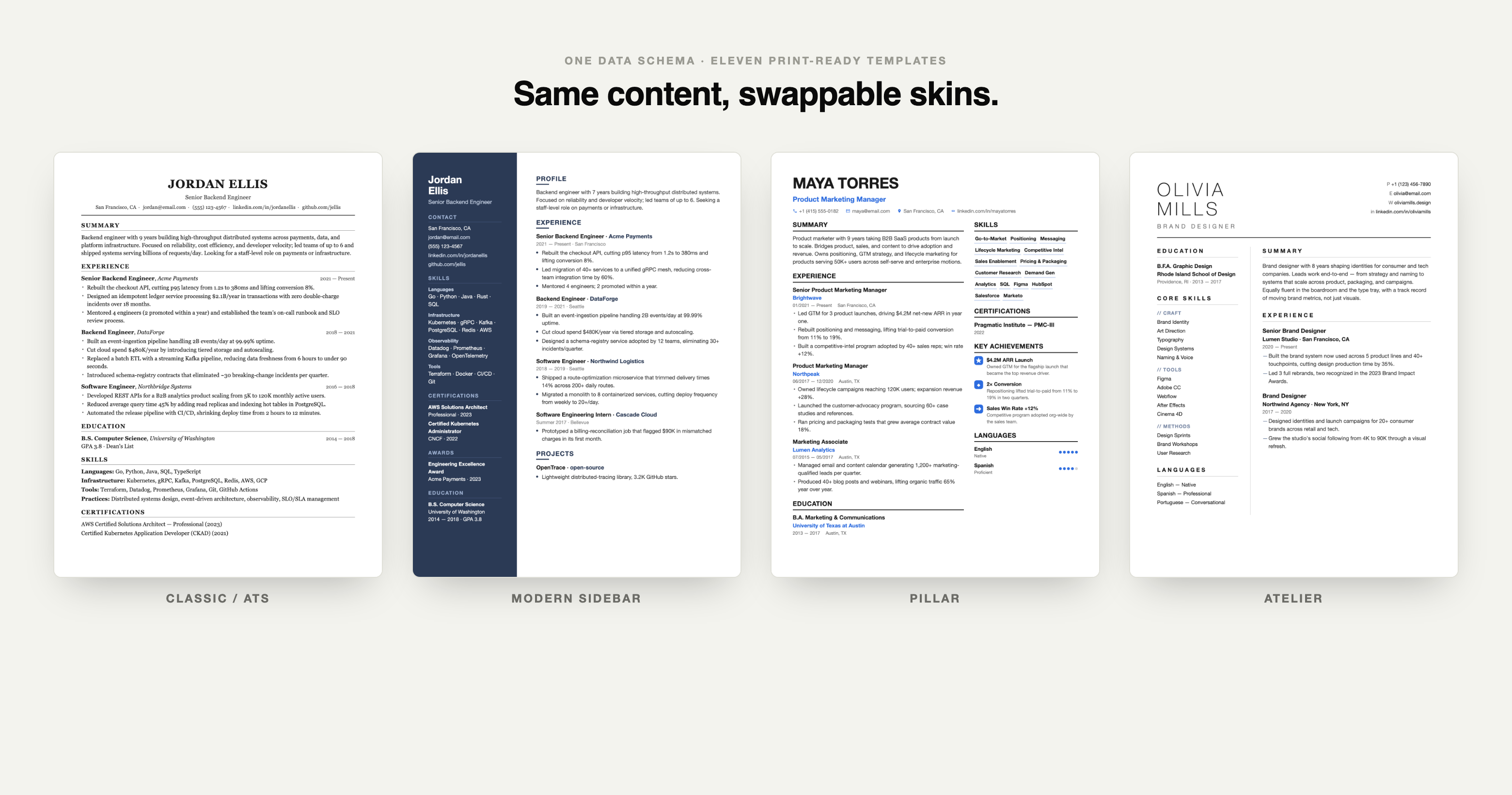 Eleven print-ready resume templates rendered from one data schema