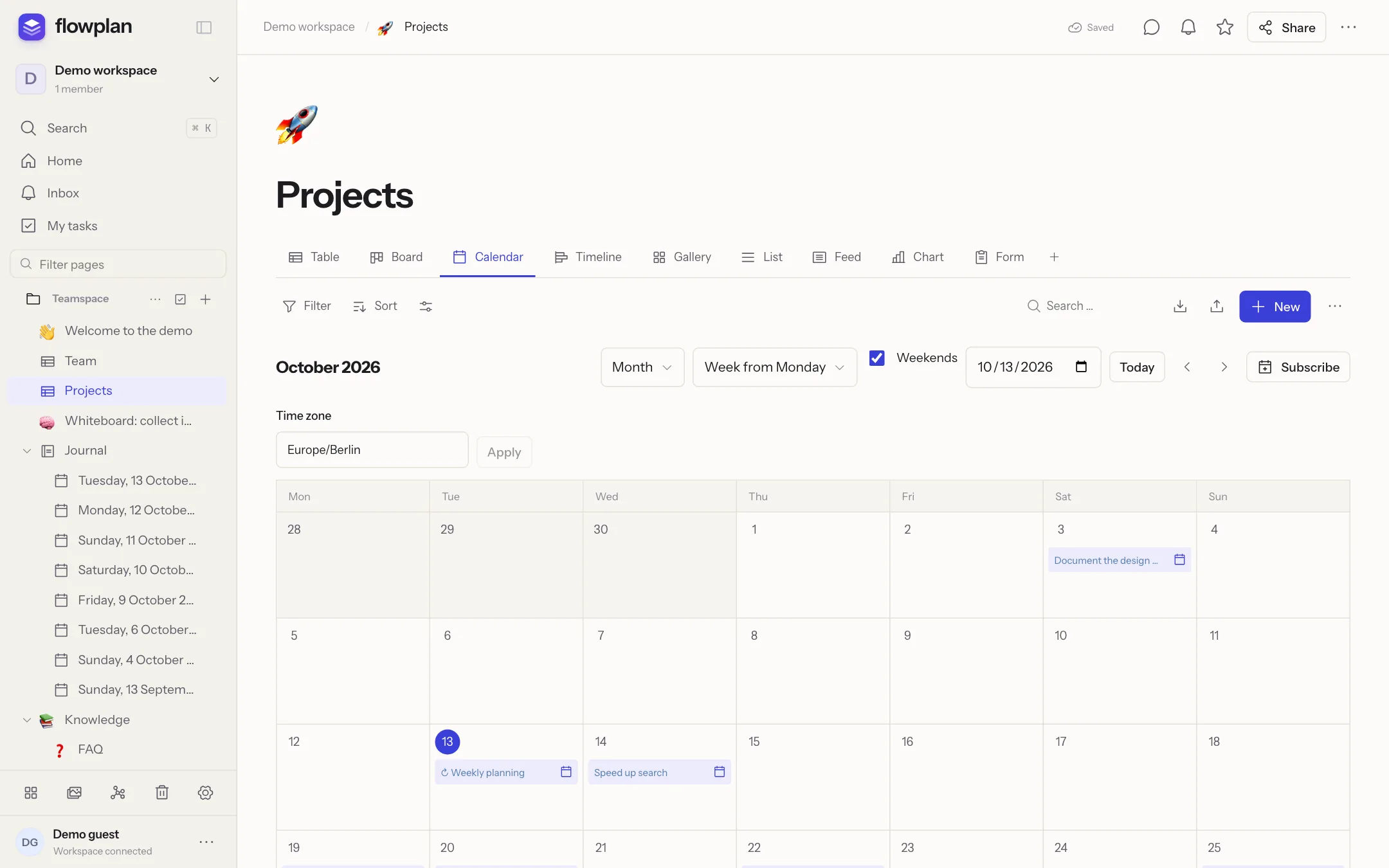 Calendar view of the Projects database
