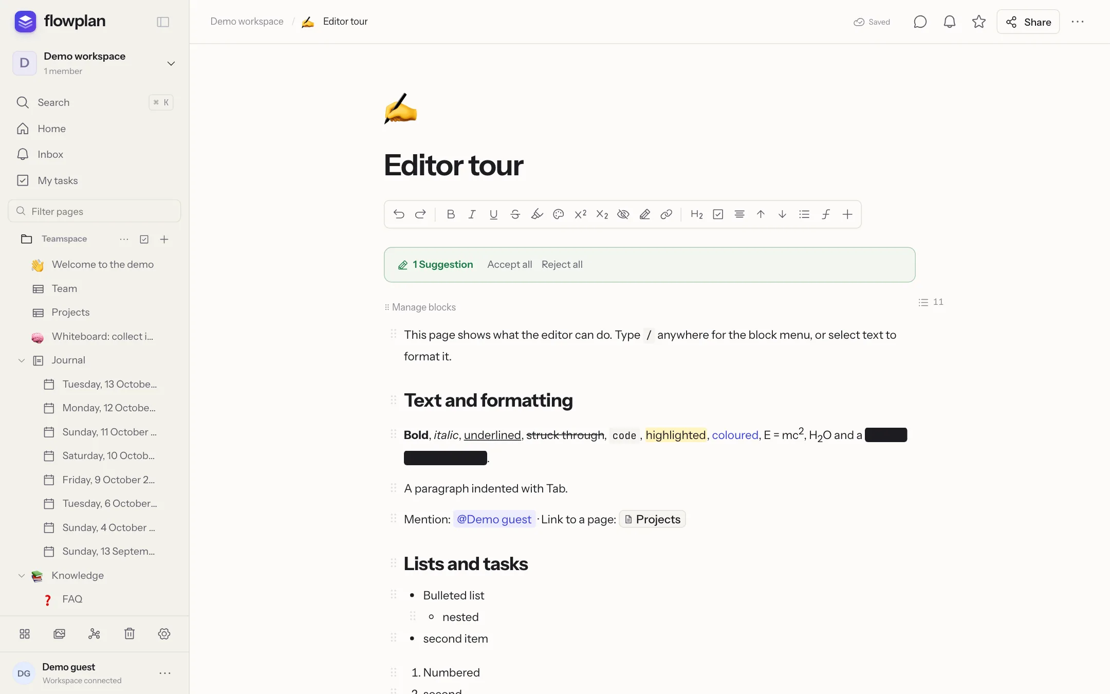A Flowplan document with the page tree on the left and the block editor